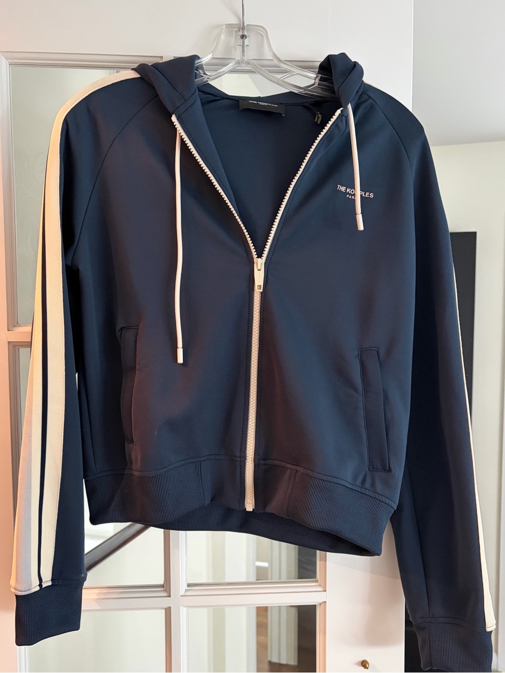 The Kooples Sport Navy Hooded Zip Jacket with Cream Stripes